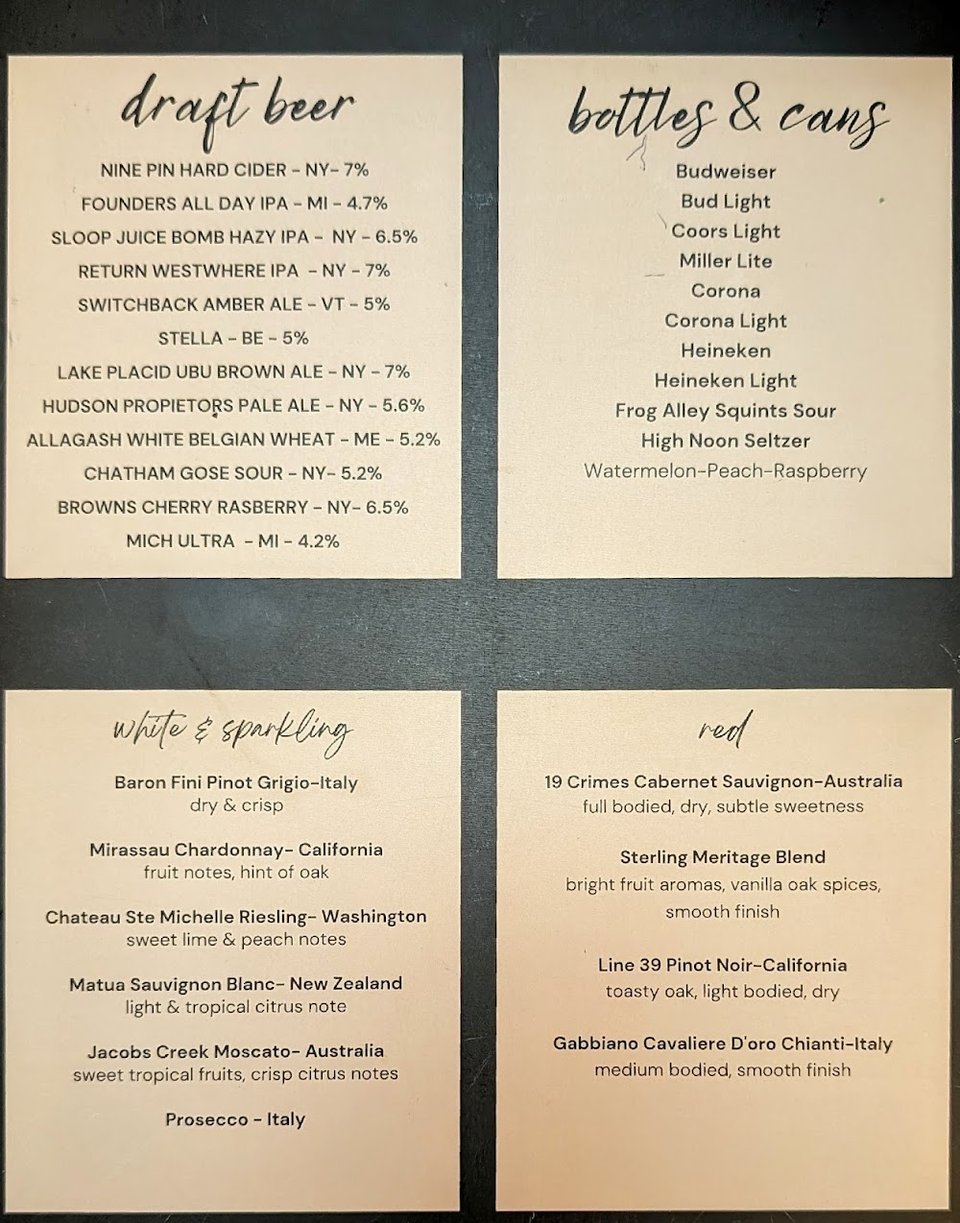 Seafood specials listed beside sandwich options.