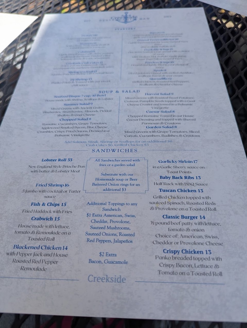 Casual American menu with cocktails and beer.