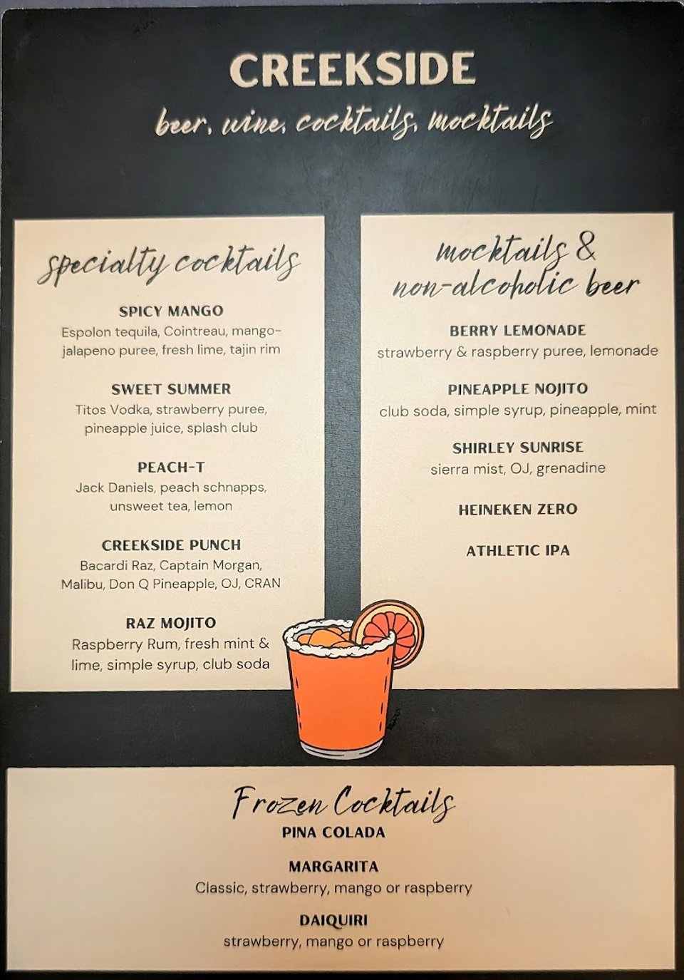 Printed menu showing soups, salads, and seafood.